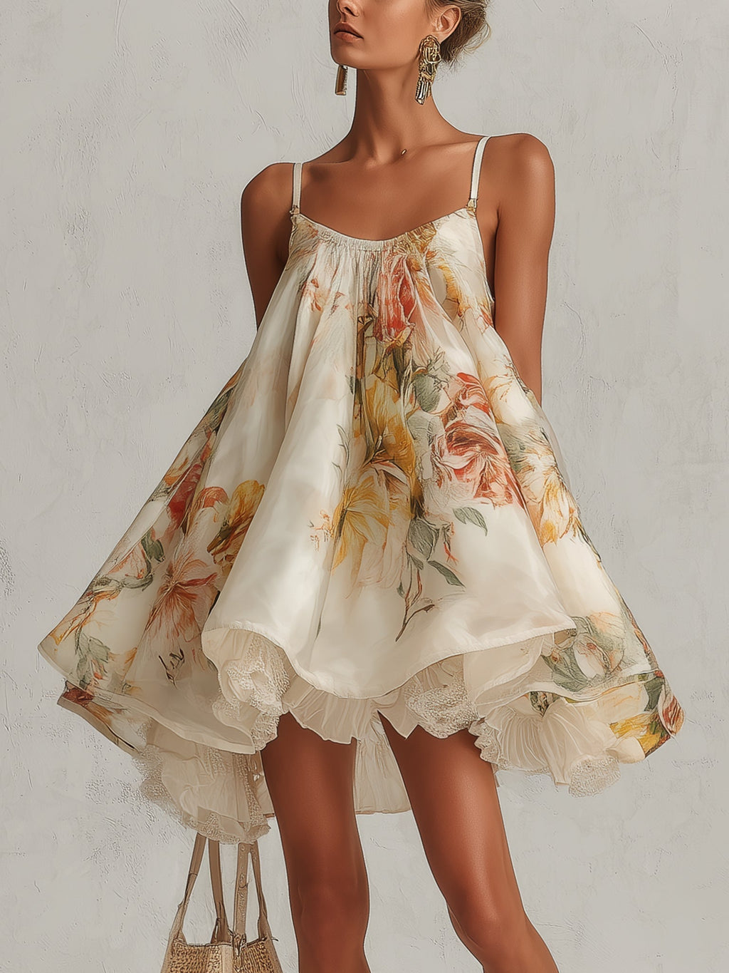Liliana | Short A-line dress in beige organza with floral pattern and lace trim