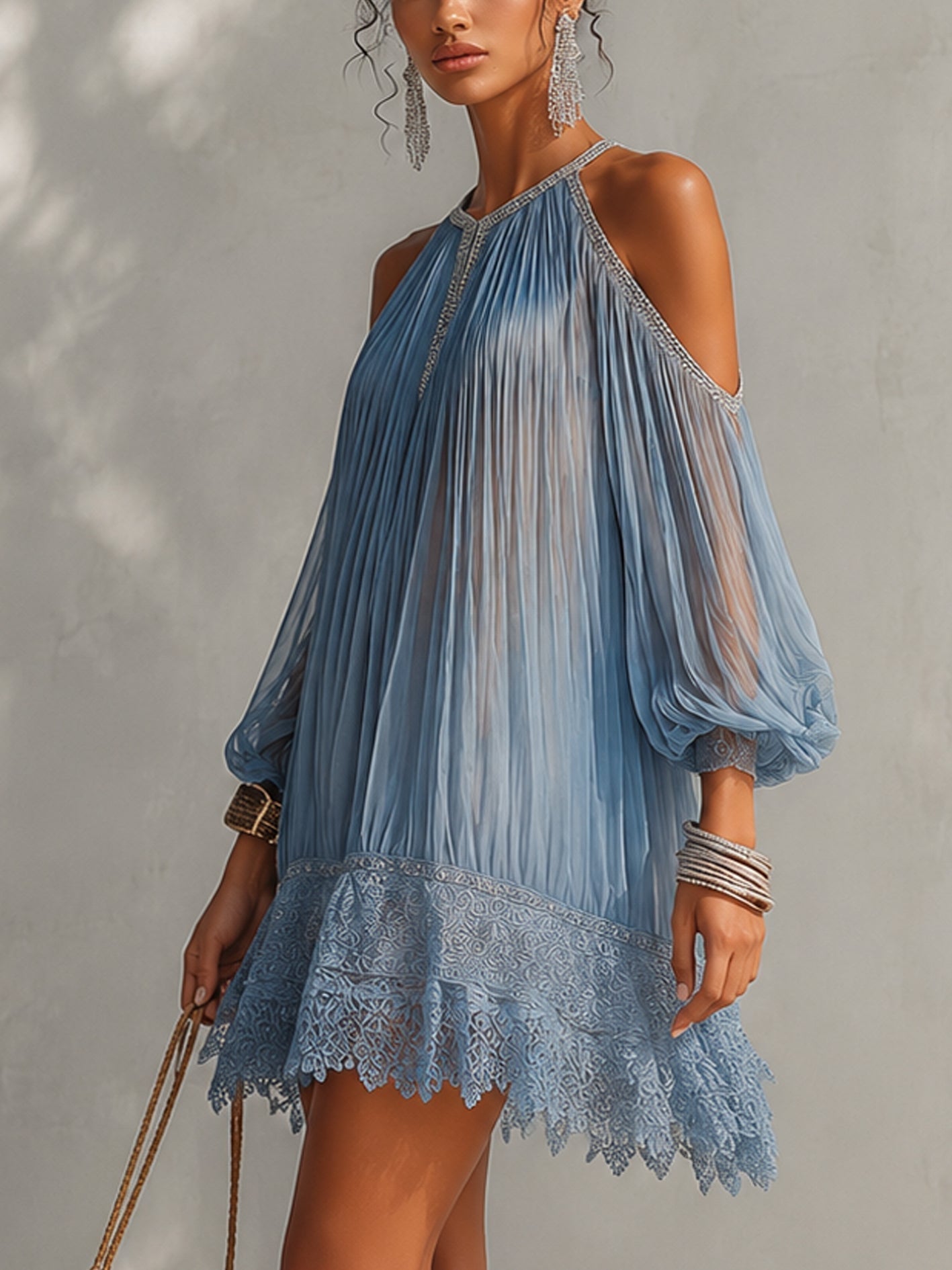 Celeste | Blue Mini Dress with Off-Shoulder Design, Ruffled and Lace Hem