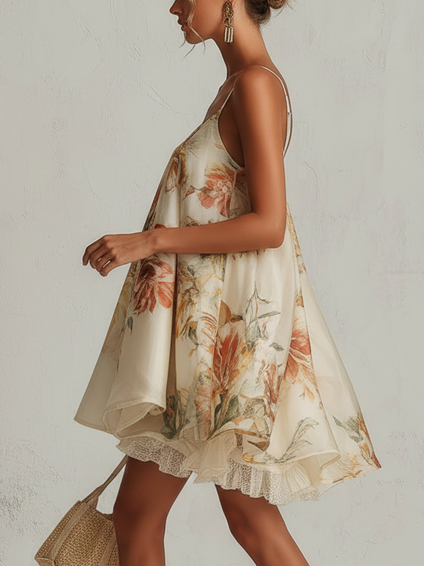 Liliana | Short A-line dress in beige organza with floral pattern and lace trim