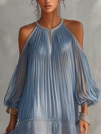 Celeste | Blue Mini Dress with Off-Shoulder Design, Ruffled and Lace Hem