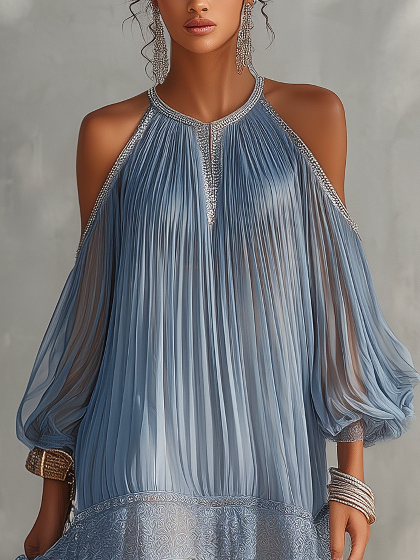 Celeste | Blue Mini Dress with Off-Shoulder Design, Ruffled and Lace Hem