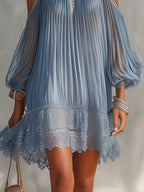 Celeste | Blue Mini Dress with Off-Shoulder Design, Ruffled and Lace Hem