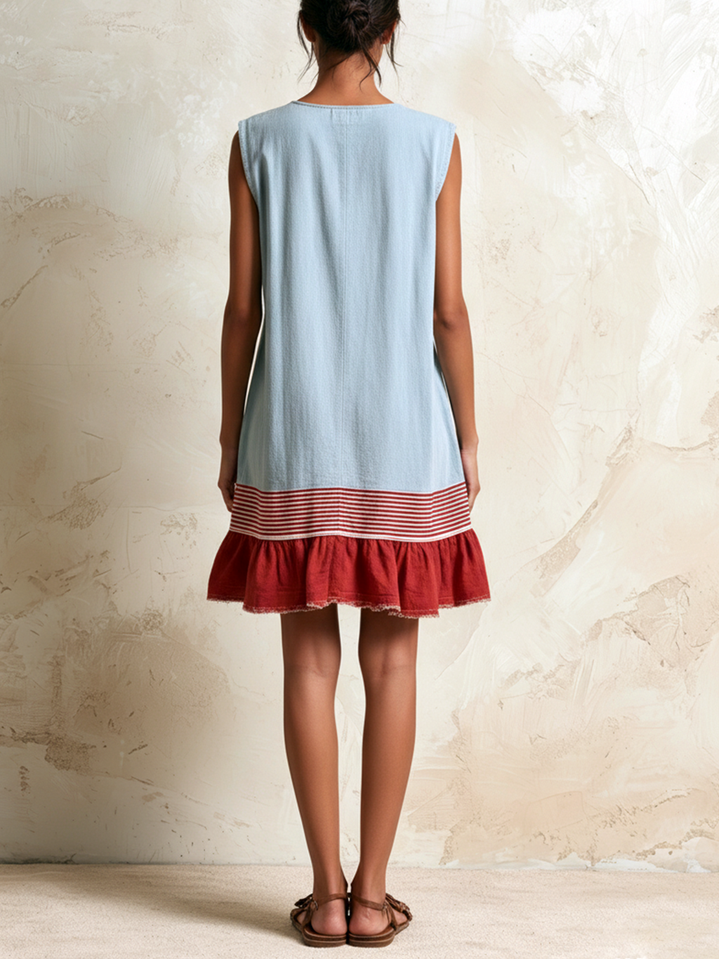 Katia | Light Blue Sleeveless Tunic Dress with Red Stripe and Ruffled Hem