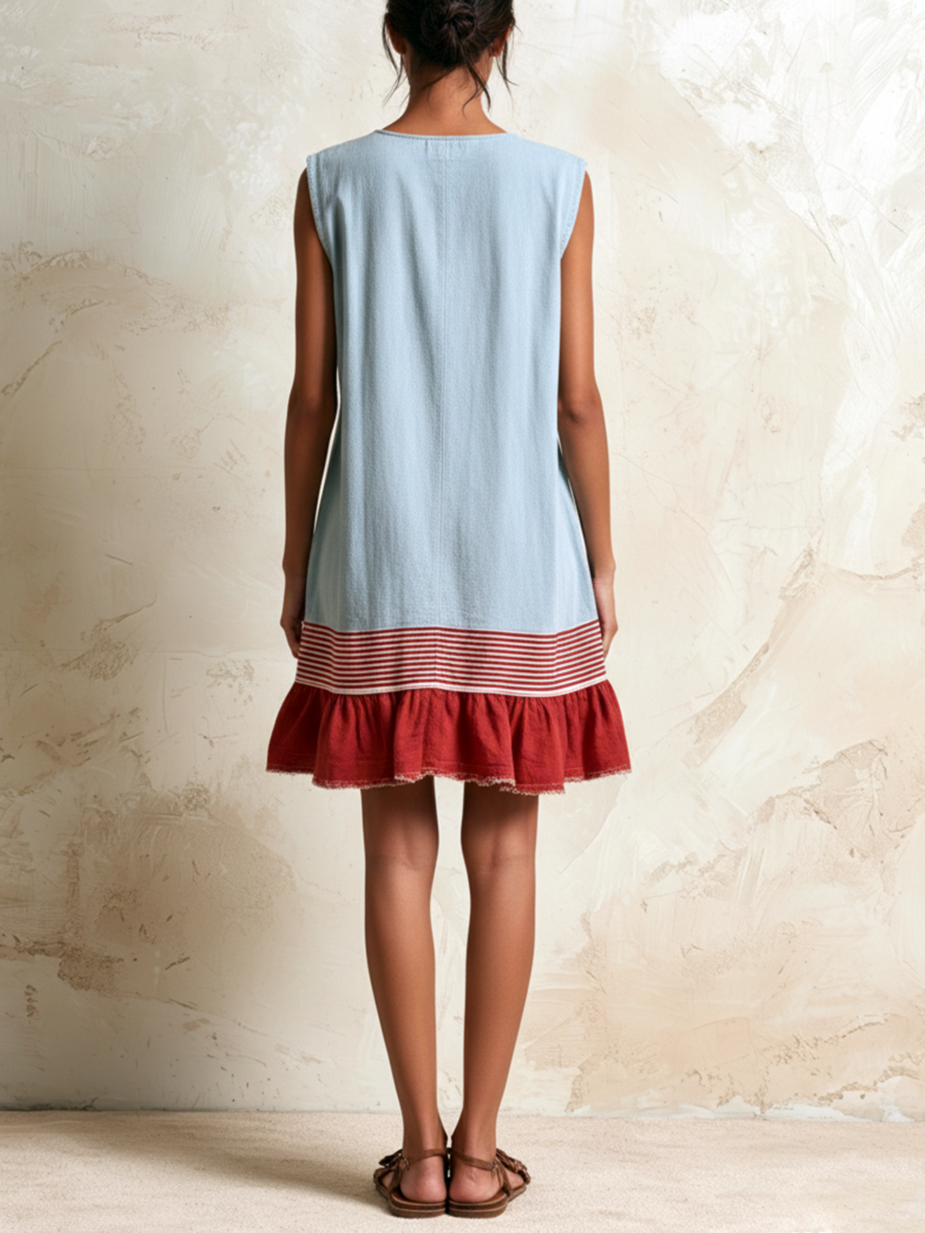 Katia | Light Blue Sleeveless Tunic Dress with Red Stripe and Ruffled Hem