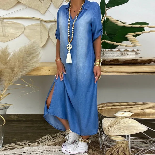 Lea | Dress longue in jean with fente on The côté