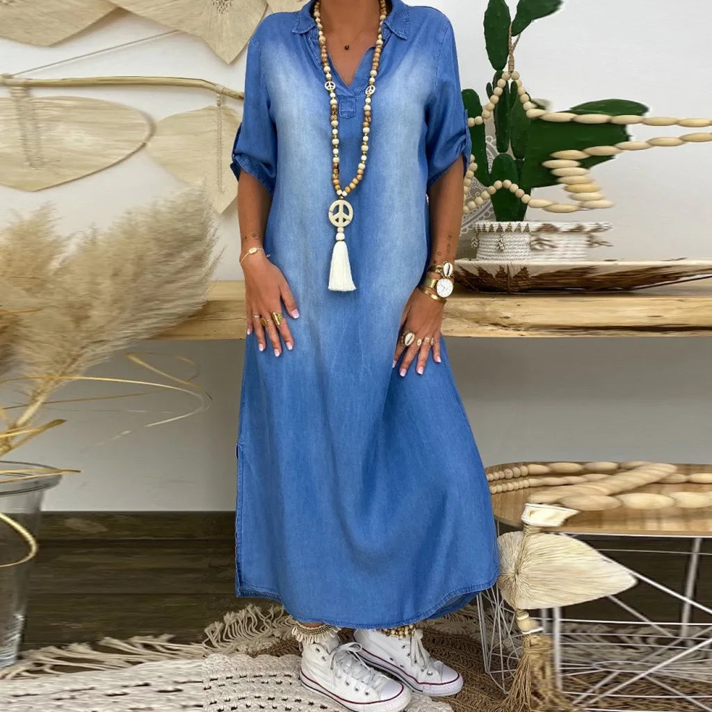 Lea | Dress longue in jean with fente on The côté