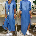 Lea | Dress longue in jean with fente on The côté