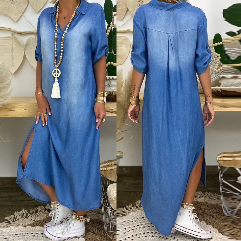 Lea | Dress longue in jean with fente on The côté