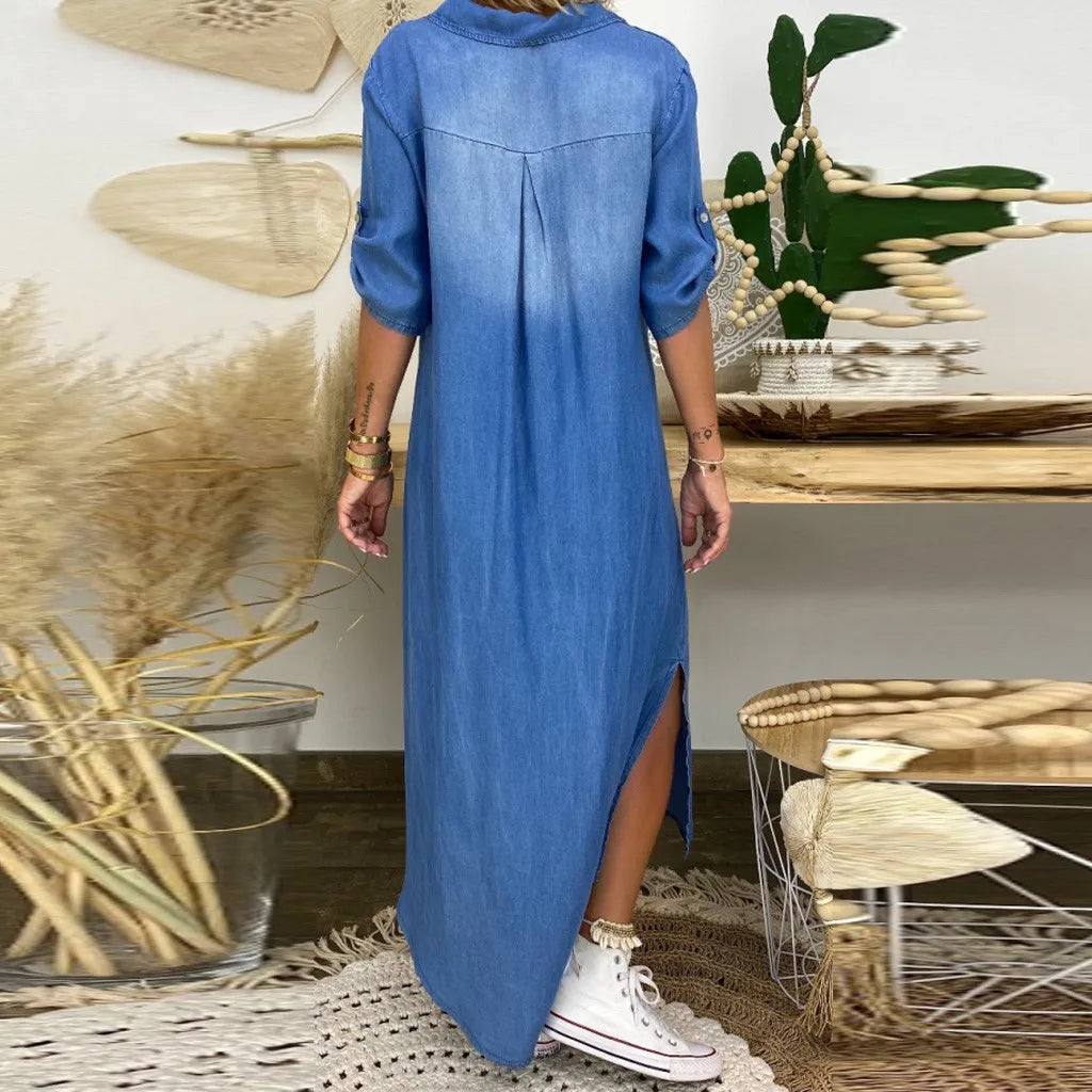 Lea | Dress longue in jean with fente on The côté