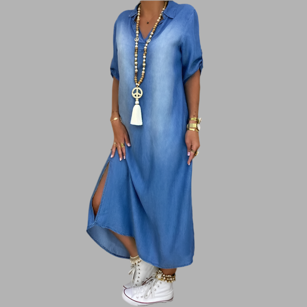 Lea | Dress longue in jean with fente on The côté