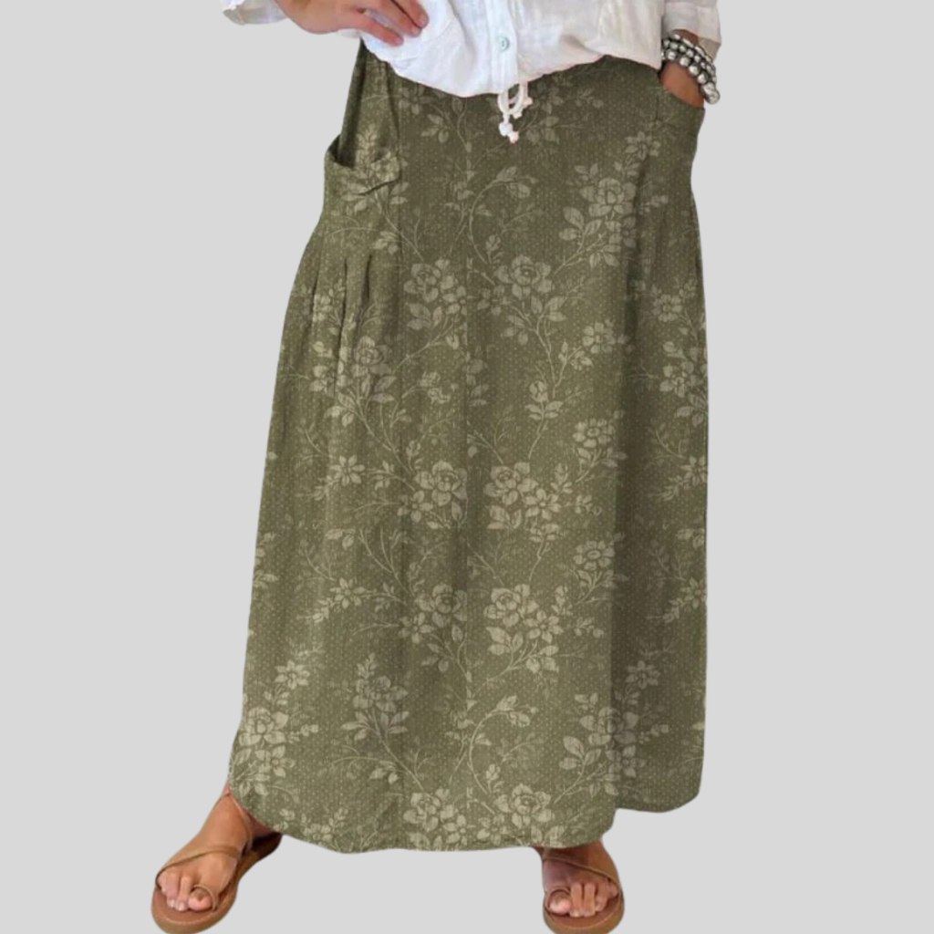 Vintage Floral Linen Skirt for Women with Elastic Waist and Pocket