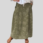 Vintage Floral Linen Skirt for Women with Elastic Waist and Pocket