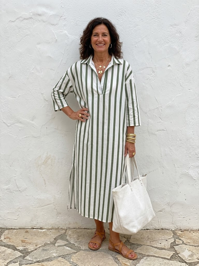 Naomi | Long-Sleeve Striped Midi Shirt Dress