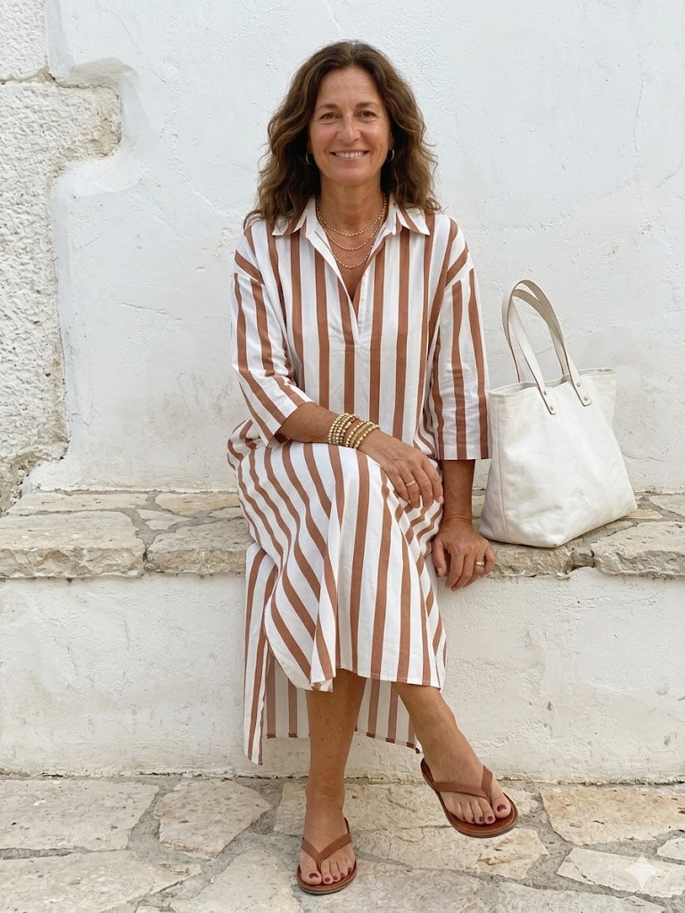 Naomi | Long-Sleeve Striped Midi Shirt Dress