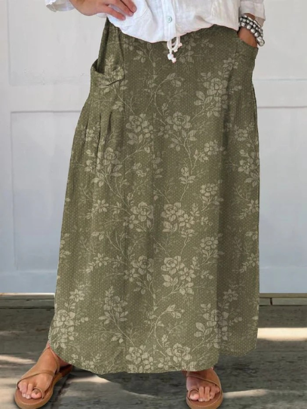 Vintage Floral Linen Skirt for Women with Elastic Waist and Pocket