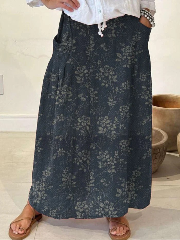 Vintage Floral Linen Skirt for Women with Elastic Waist and Pocket