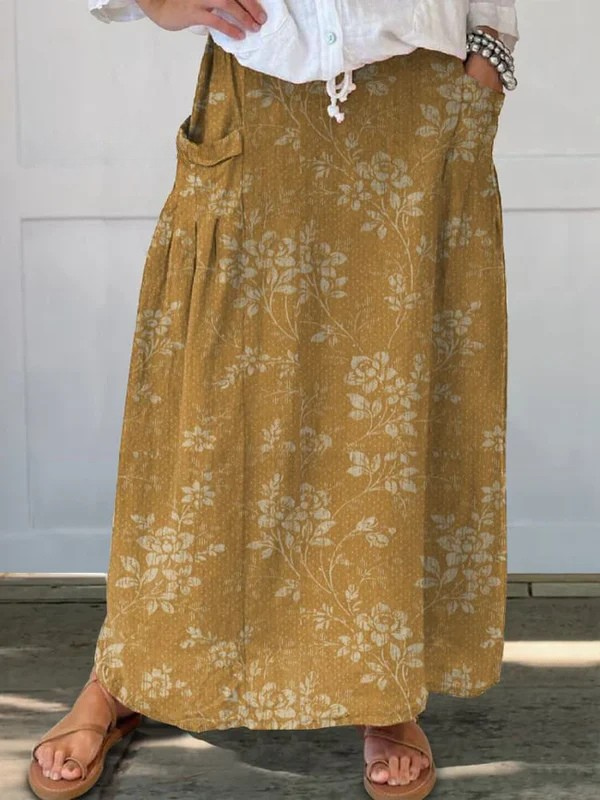 Vintage Floral Linen Skirt for Women with Elastic Waist and Pocket