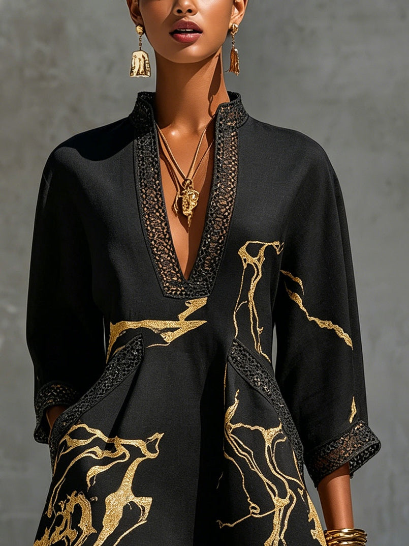 Donatella - Black mini dress with golden marble print and crochet lace