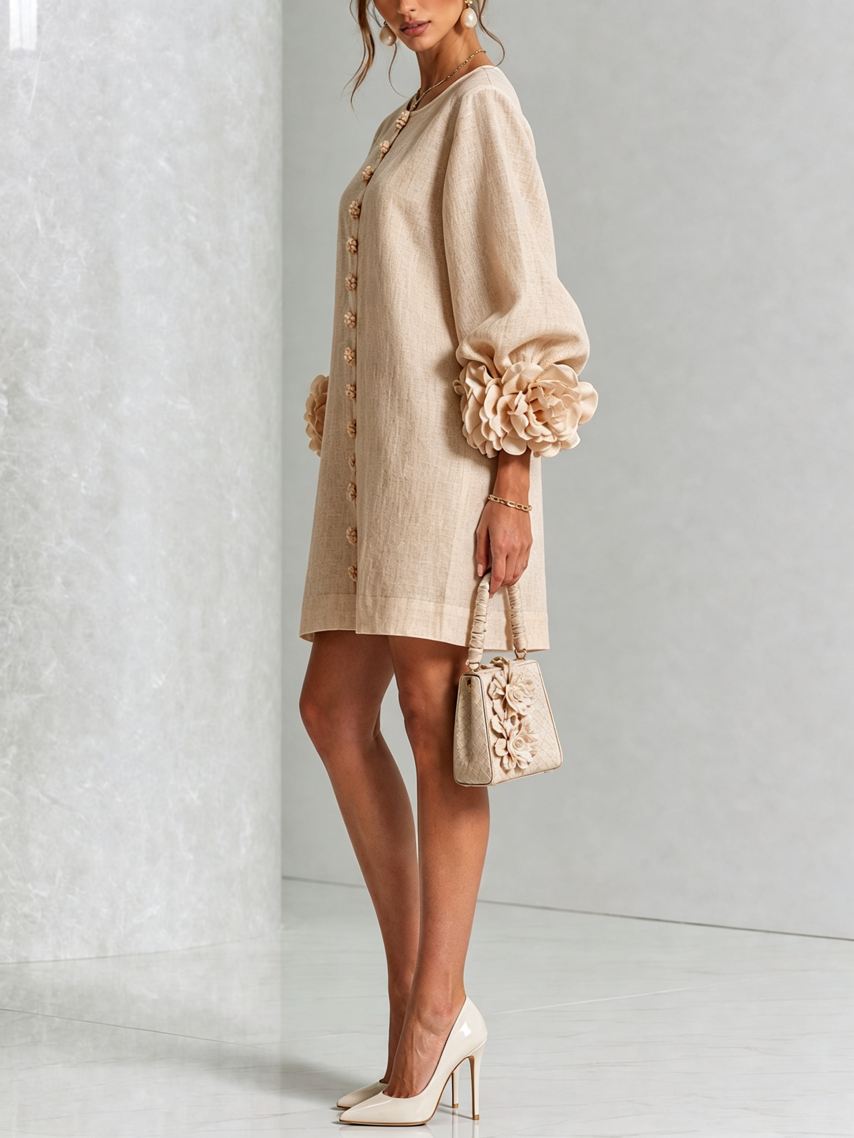 White Mini Dress with Flower Buttons and Extravagant Flower Sleeves
