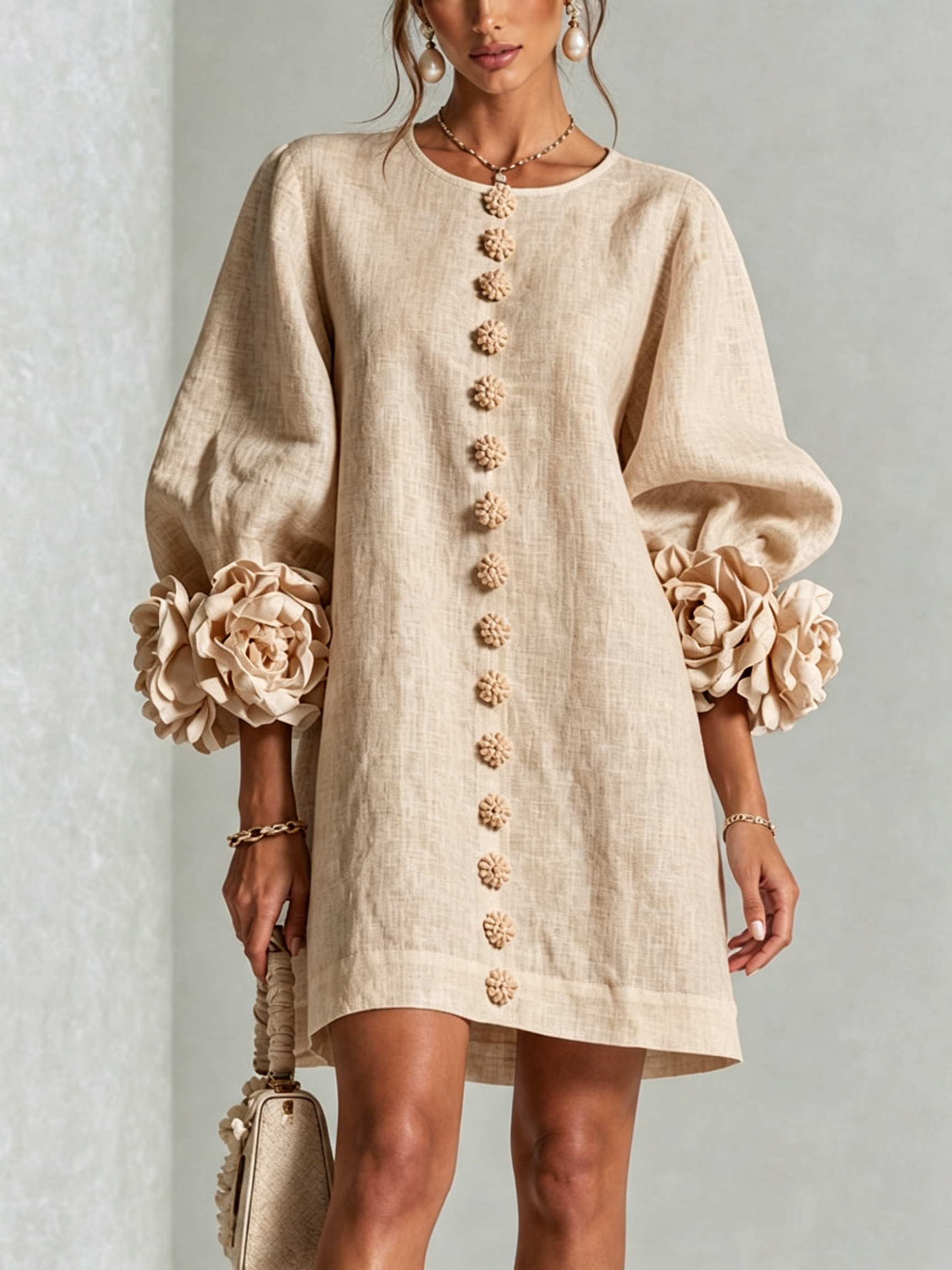 White Mini Dress with Flower Buttons and Extravagant Flower Sleeves