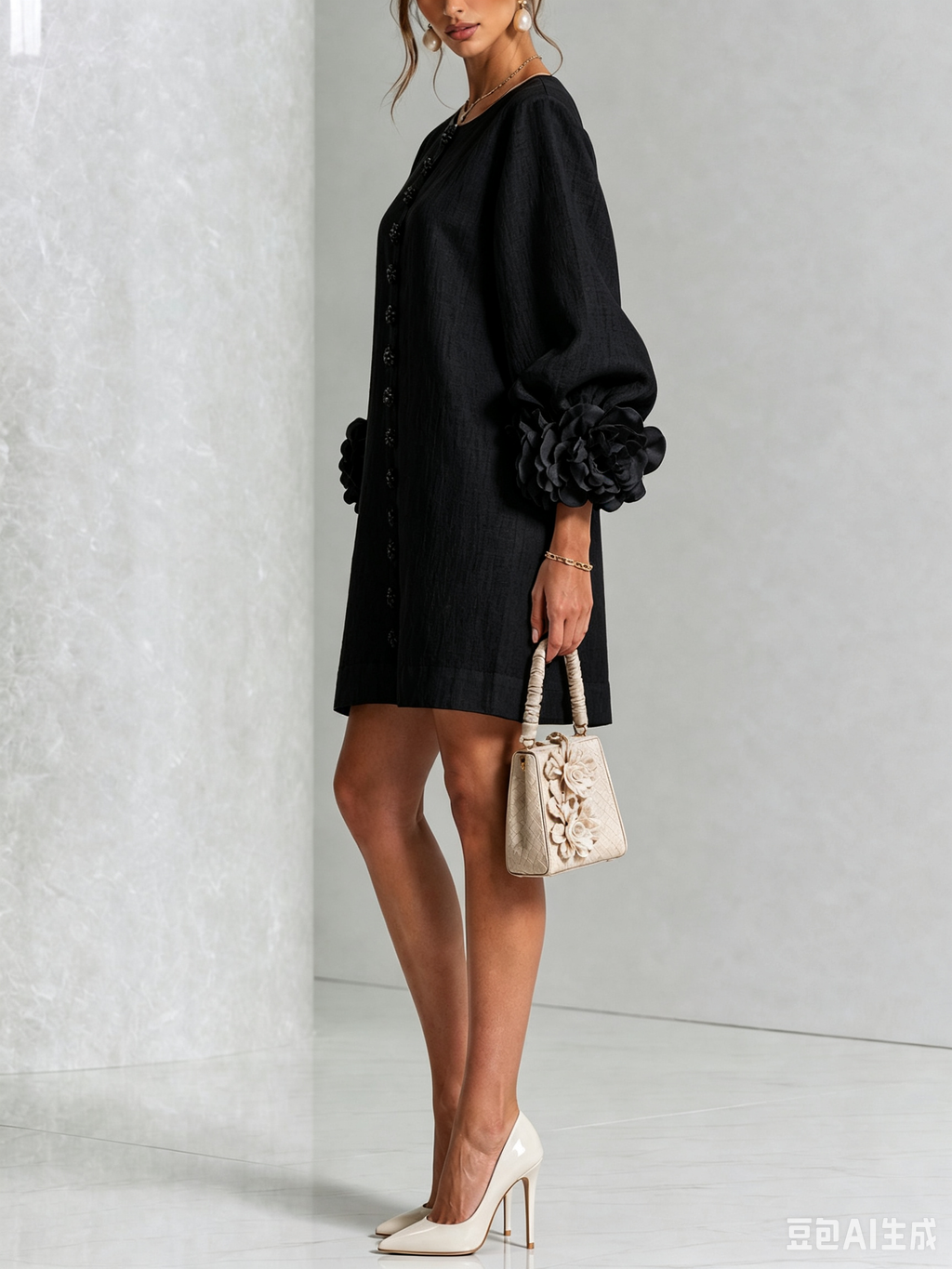 White Mini Dress with Flower Buttons and Extravagant Flower Sleeves