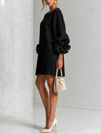 White Mini Dress with Flower Buttons and Extravagant Flower Sleeves