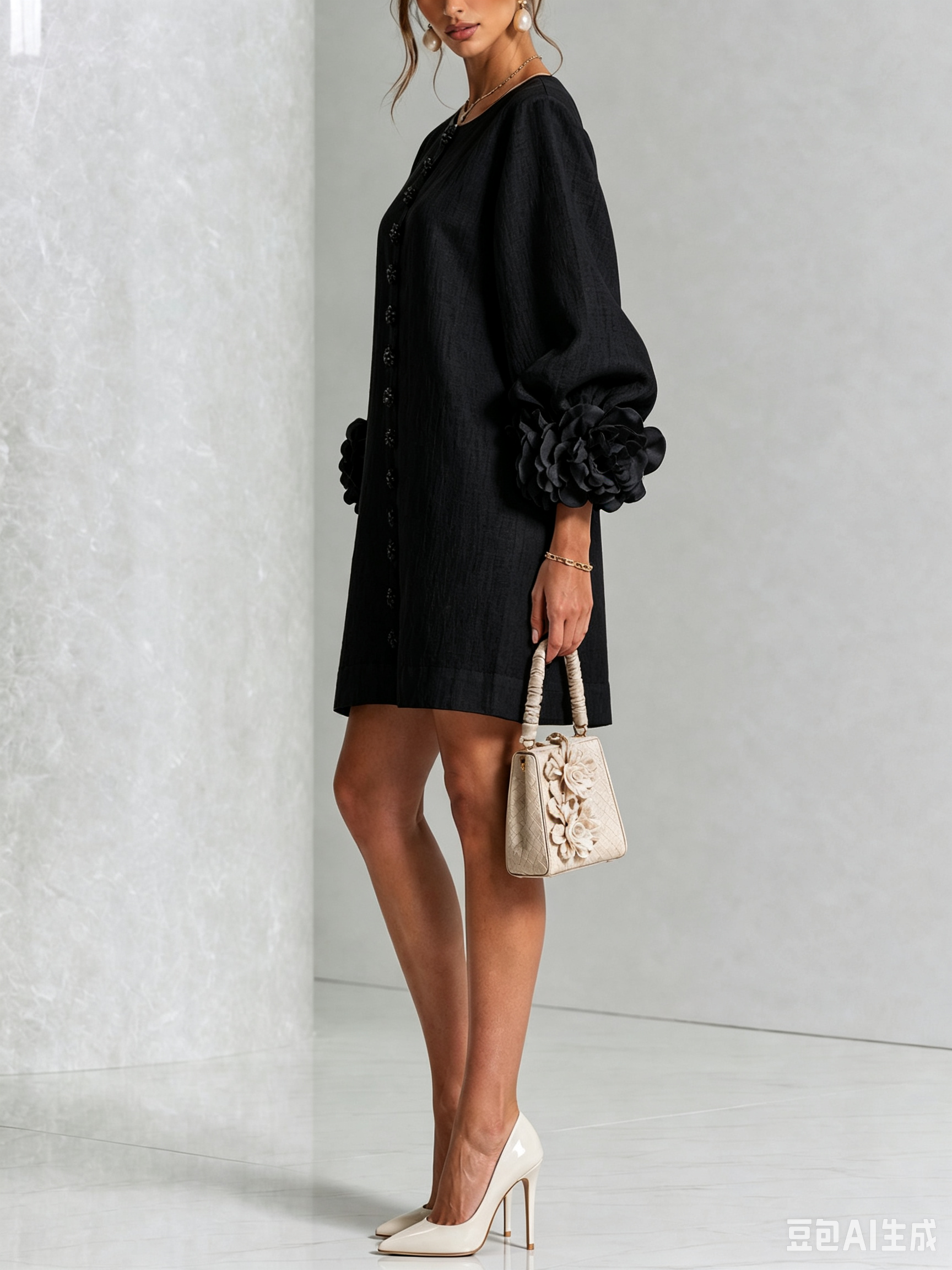 White Mini Dress with Flower Buttons and Extravagant Flower Sleeves
