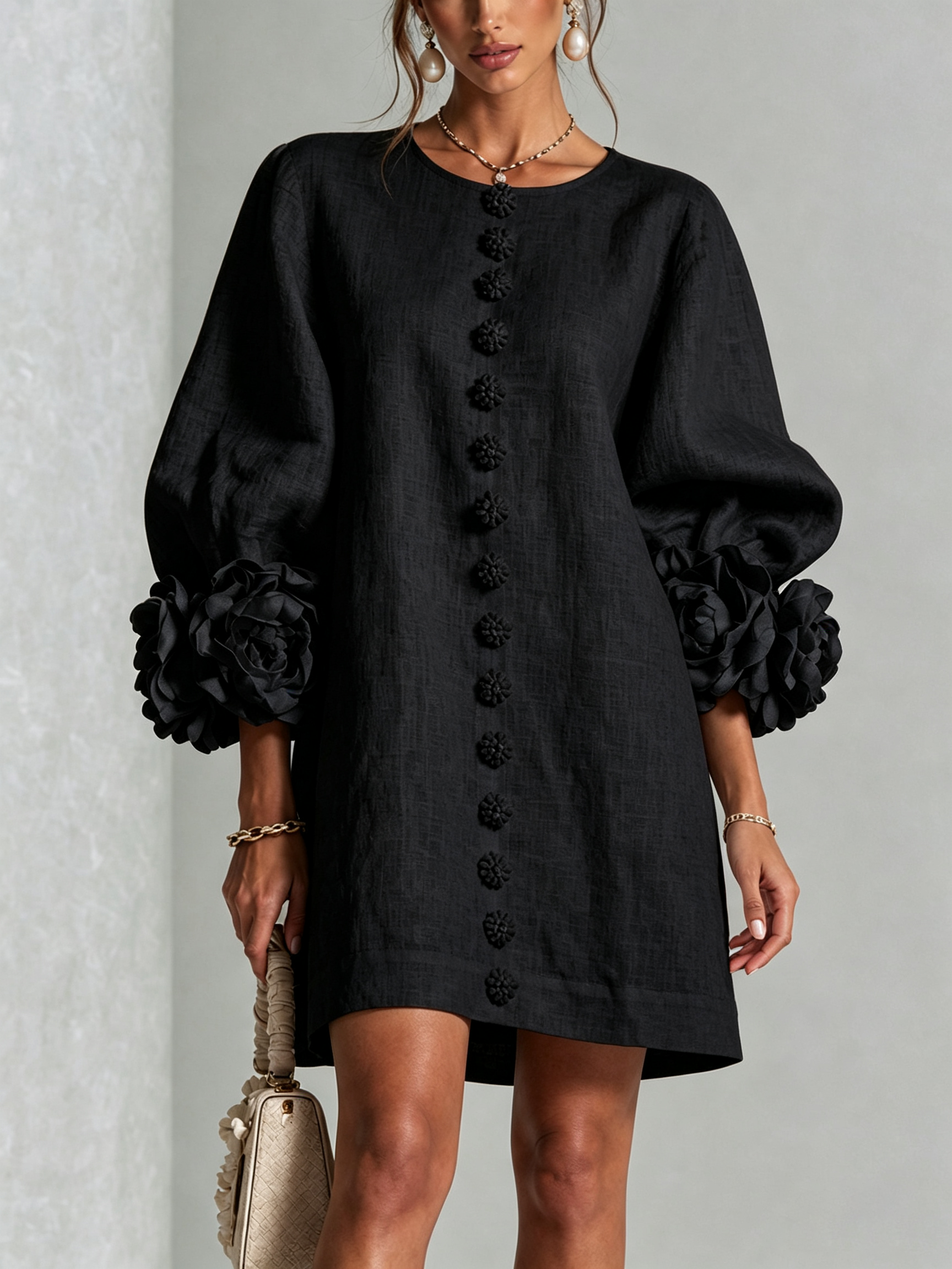 White Mini Dress with Flower Buttons and Extravagant Flower Sleeves