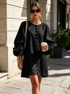 White Mini Dress with Flower Buttons and Extravagant Flower Sleeves