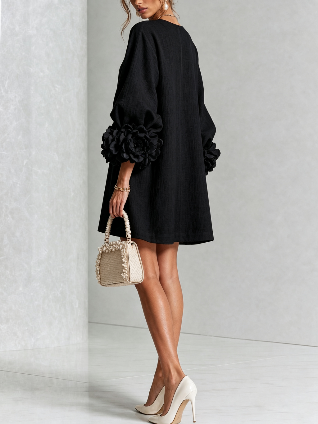 White Mini Dress with Flower Buttons and Extravagant Flower Sleeves