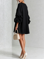 White Mini Dress with Flower Buttons and Extravagant Flower Sleeves