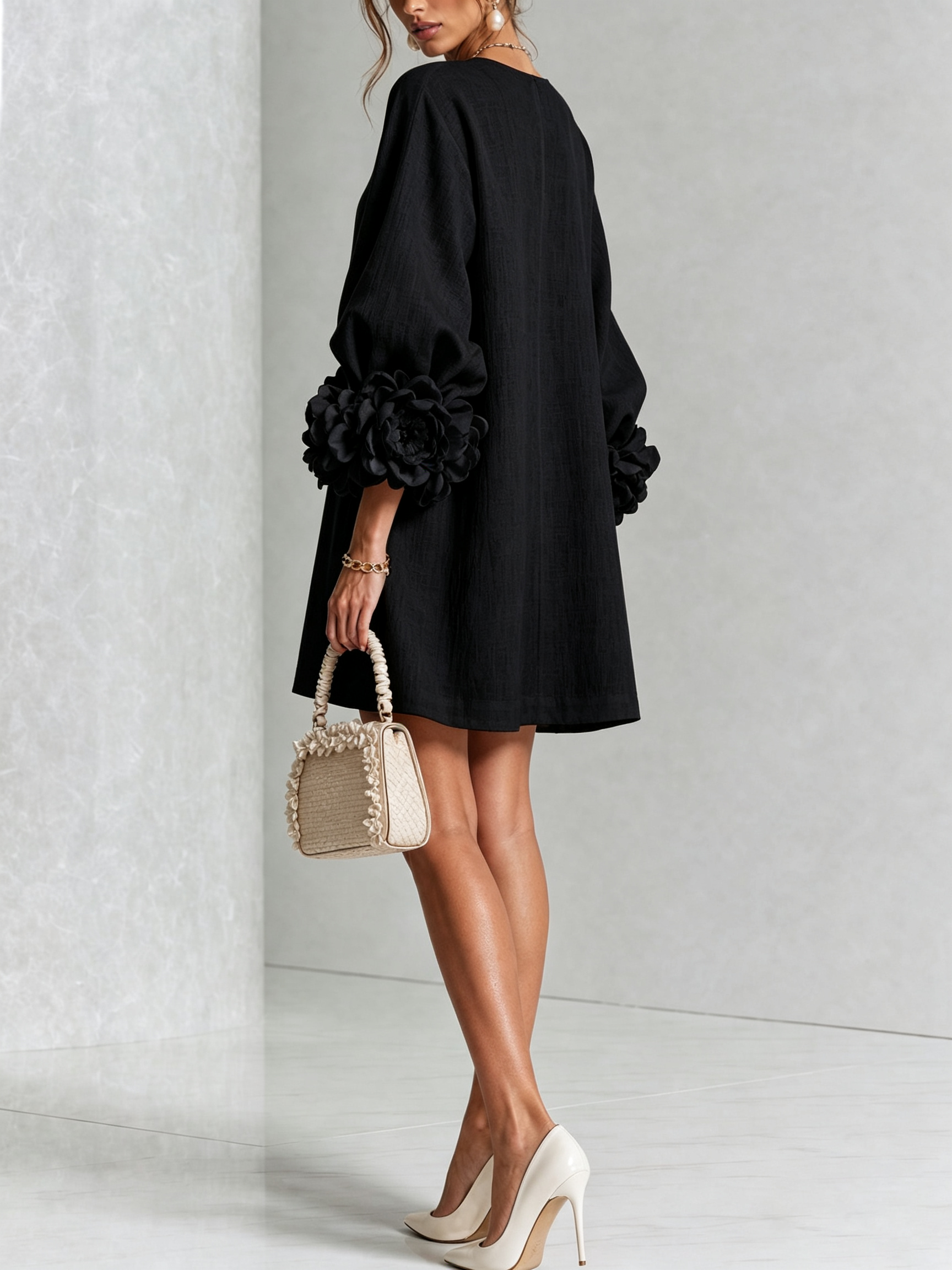 White Mini Dress with Flower Buttons and Extravagant Flower Sleeves
