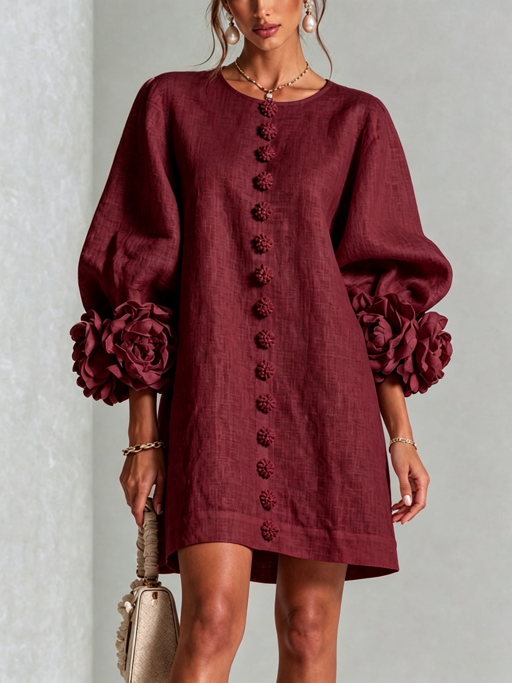 White Mini Dress with Flower Buttons and Extravagant Flower Sleeves