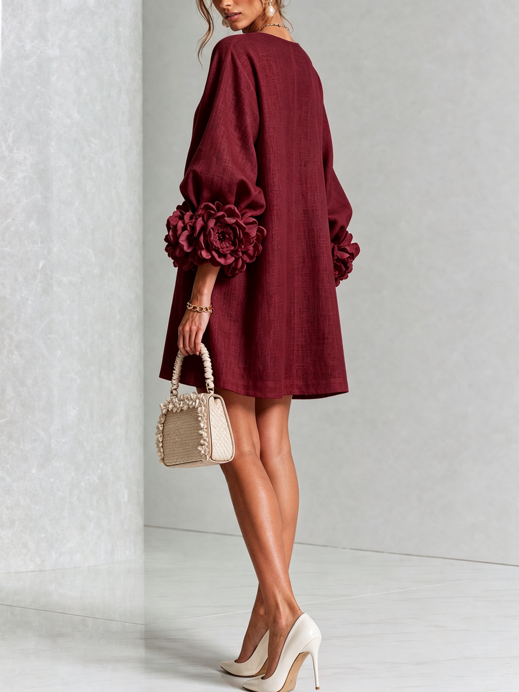 White Mini Dress with Flower Buttons and Extravagant Flower Sleeves