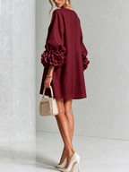 White Mini Dress with Flower Buttons and Extravagant Flower Sleeves