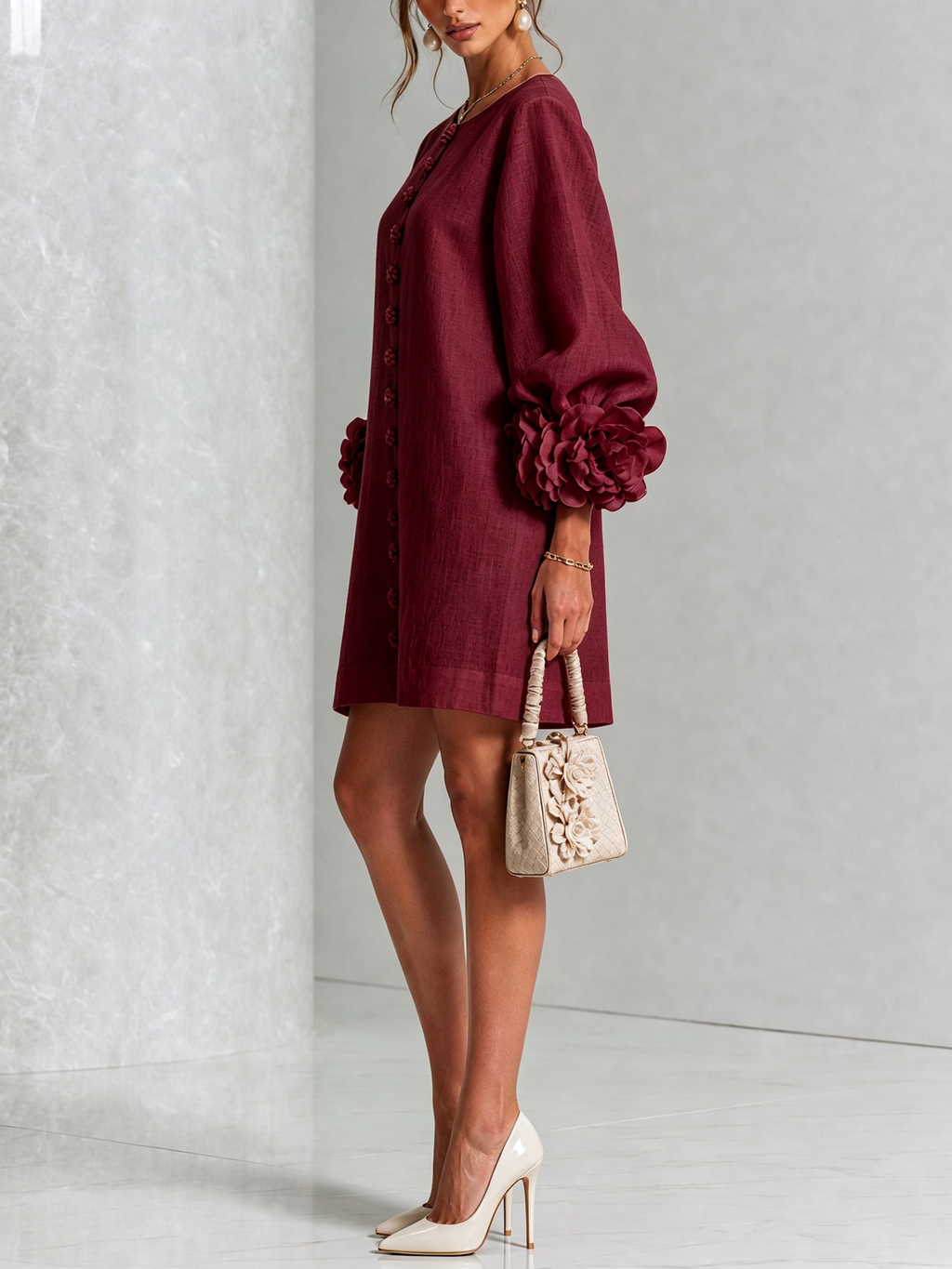 White Mini Dress with Flower Buttons and Extravagant Flower Sleeves
