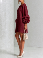 White Mini Dress with Flower Buttons and Extravagant Flower Sleeves