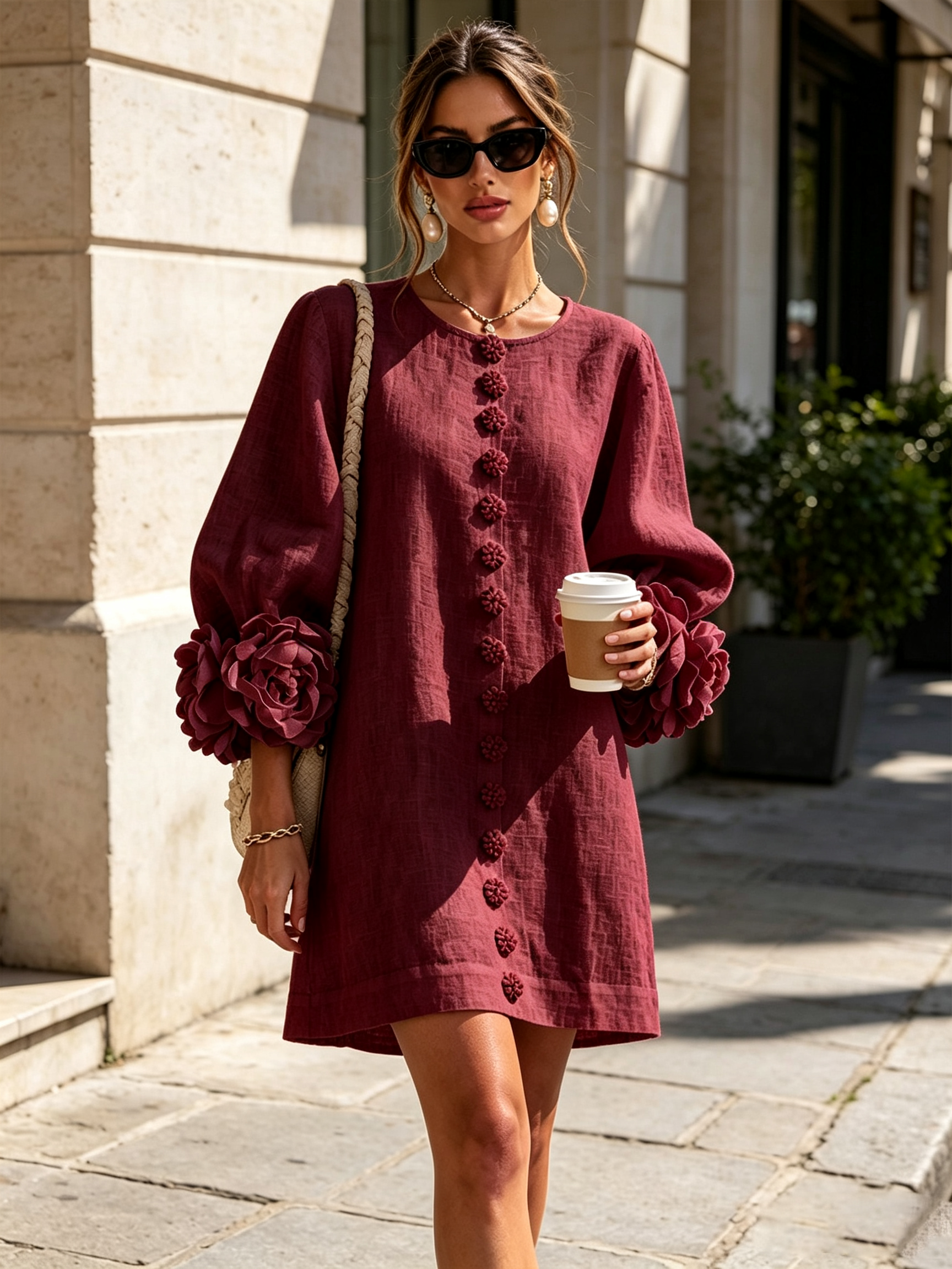 White Mini Dress with Flower Buttons and Extravagant Flower Sleeves