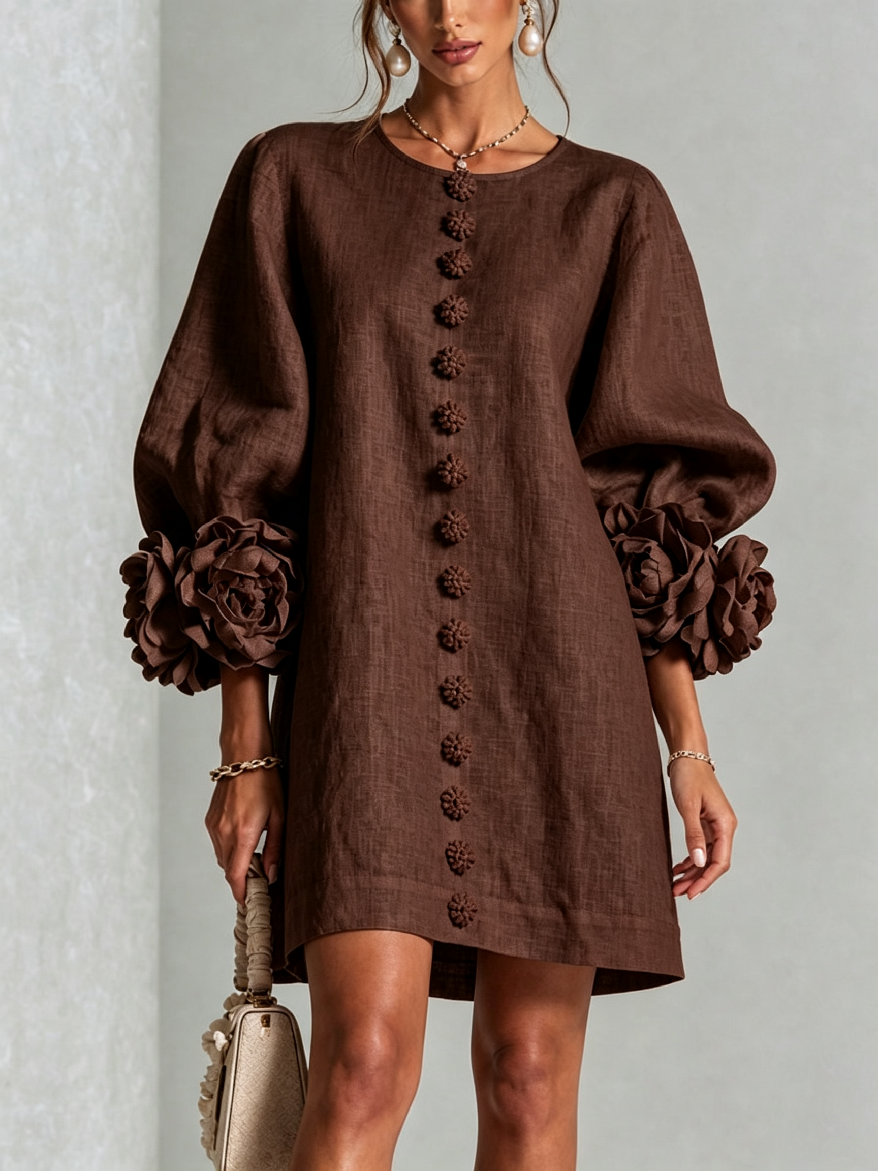 White Mini Dress with Flower Buttons and Extravagant Flower Sleeves