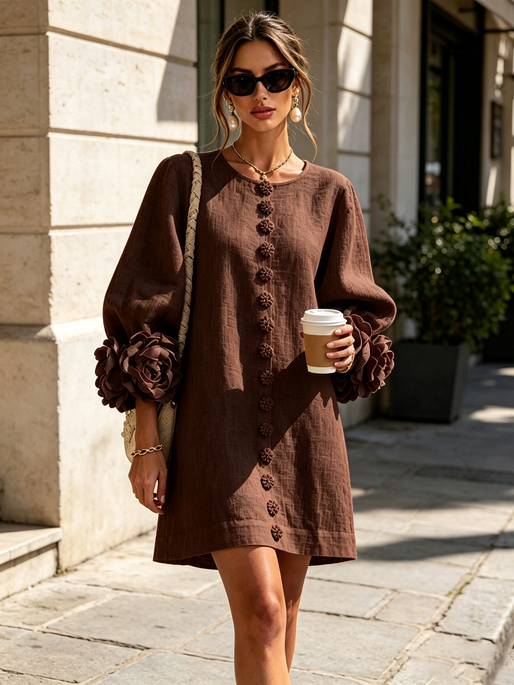 White Mini Dress with Flower Buttons and Extravagant Flower Sleeves