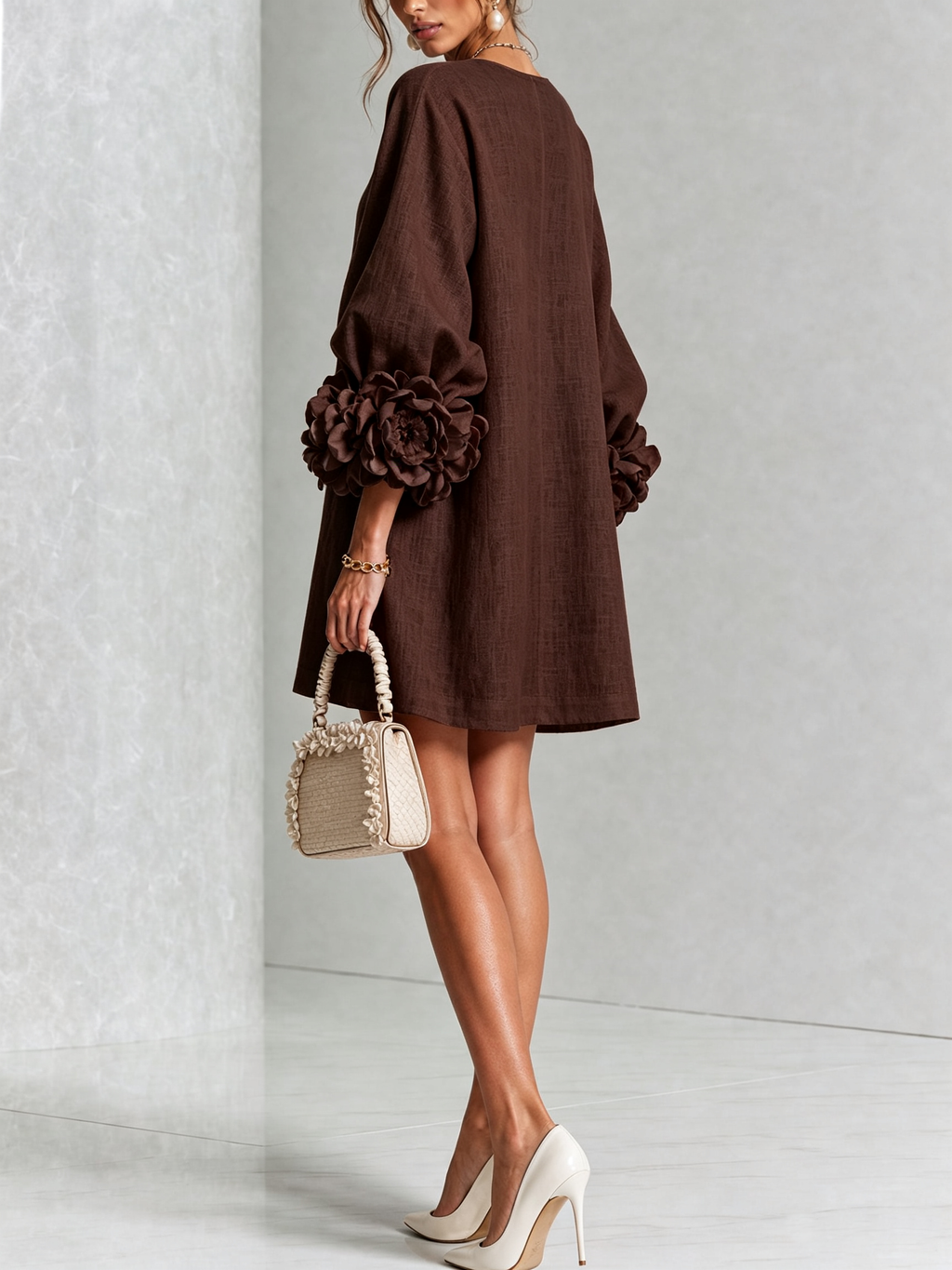 White Mini Dress with Flower Buttons and Extravagant Flower Sleeves