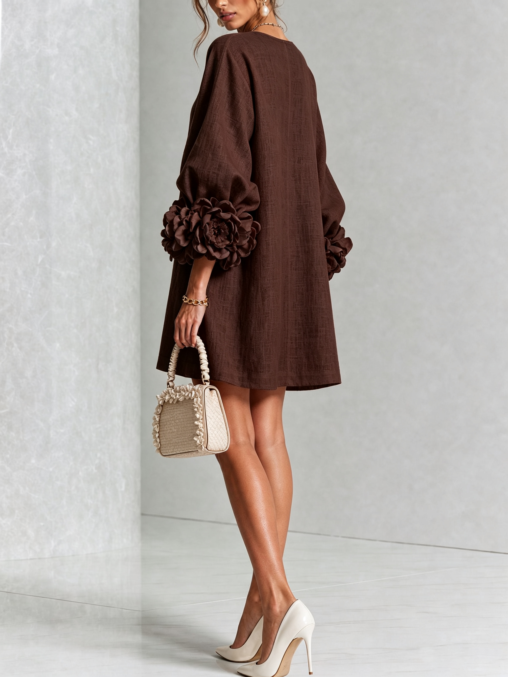 White Mini Dress with Flower Buttons and Extravagant Flower Sleeves