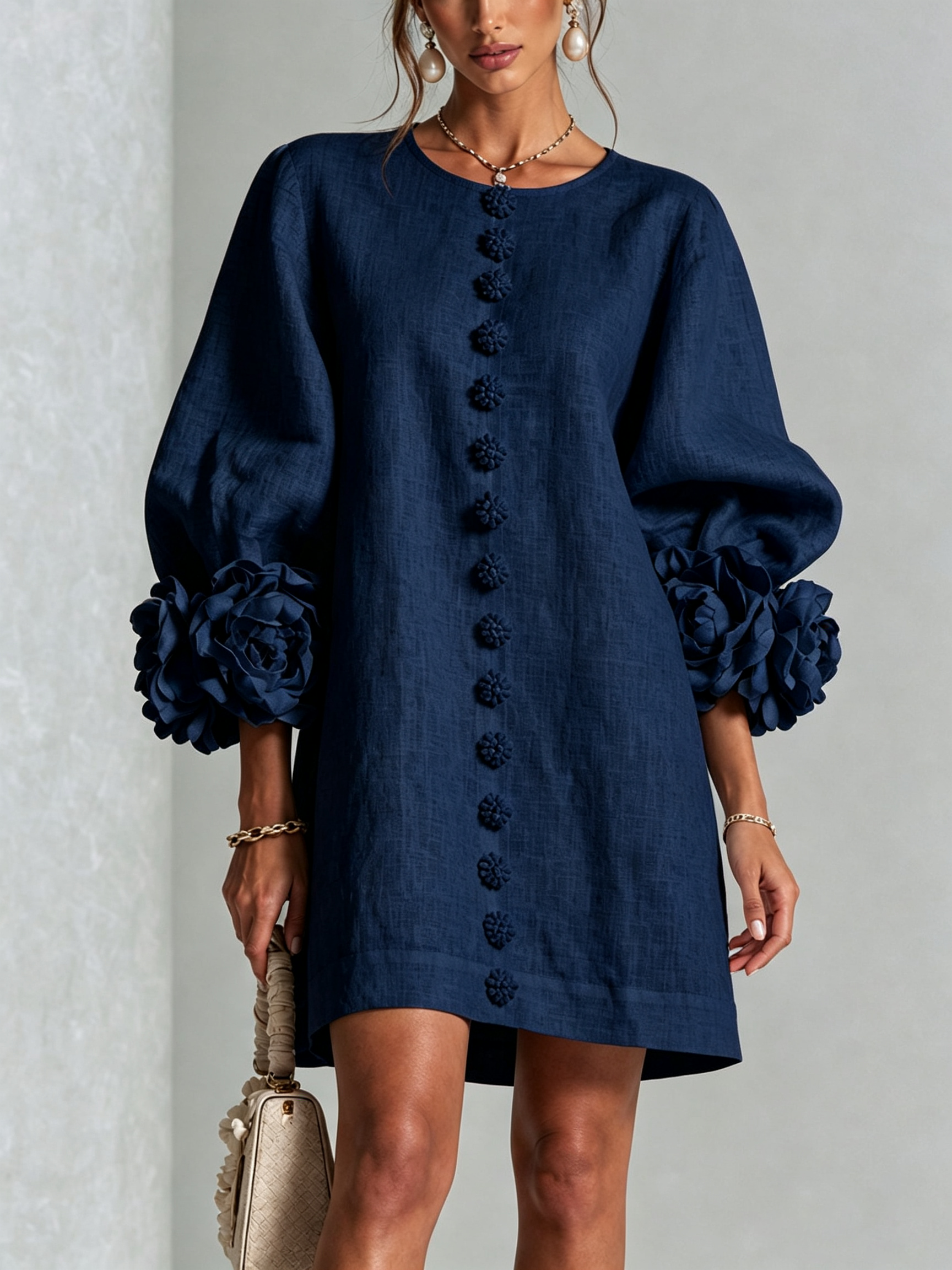 White Mini Dress with Flower Buttons and Extravagant Flower Sleeves