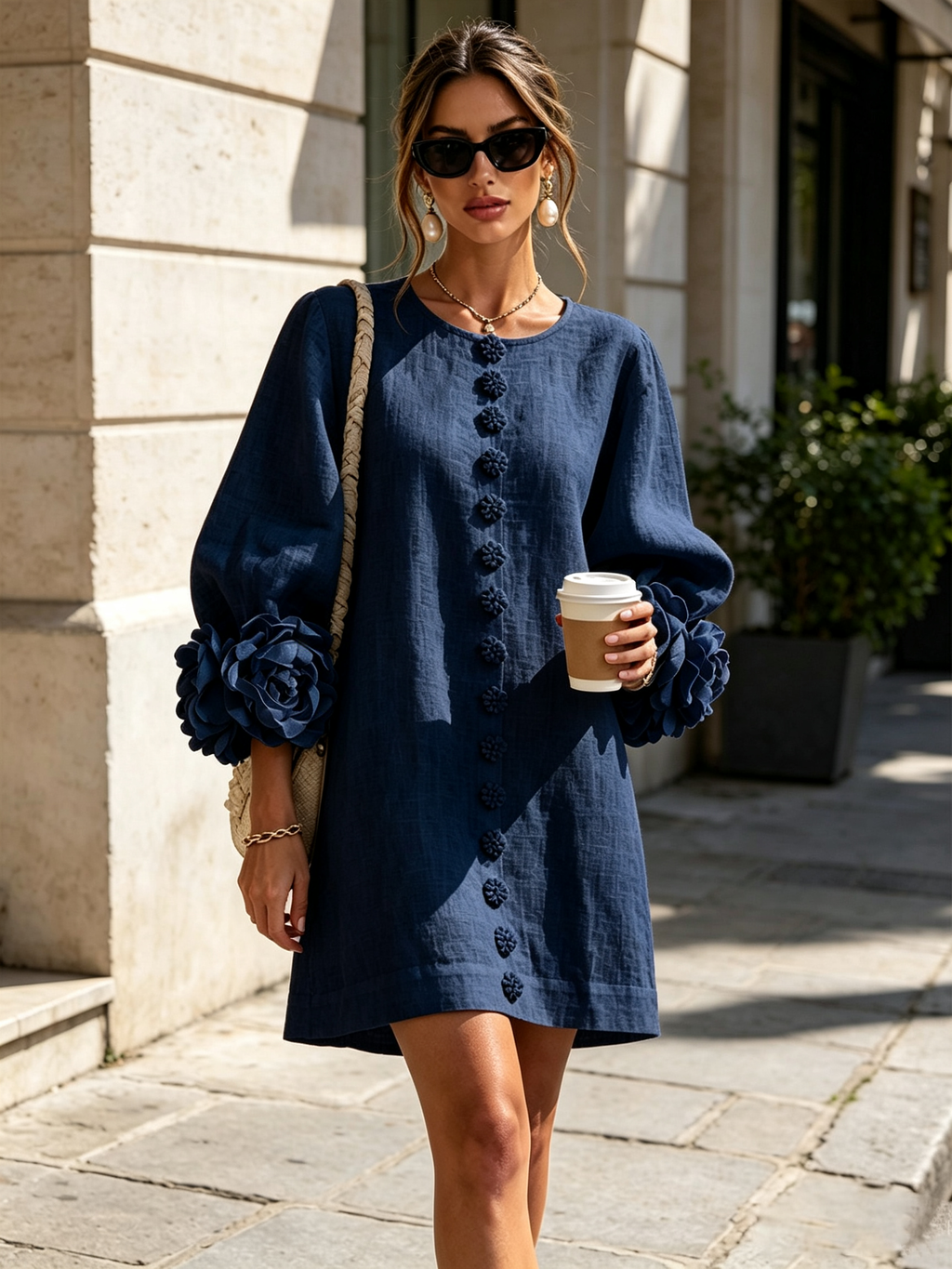 White Mini Dress with Flower Buttons and Extravagant Flower Sleeves