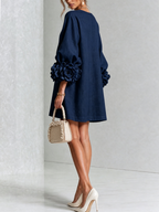 White Mini Dress with Flower Buttons and Extravagant Flower Sleeves