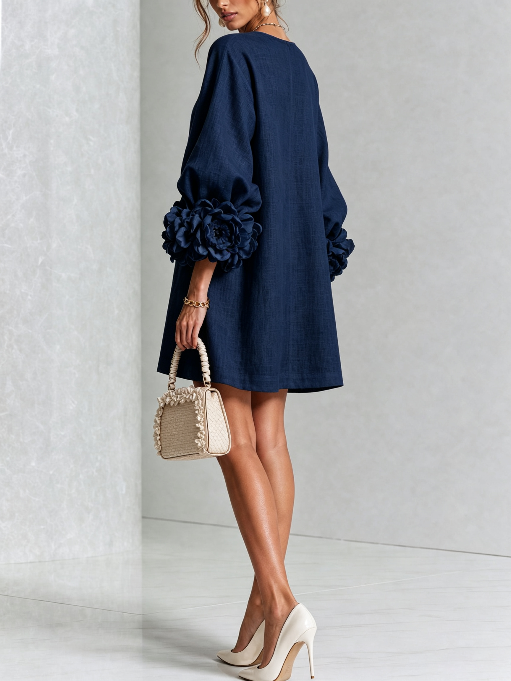 White Mini Dress with Flower Buttons and Extravagant Flower Sleeves