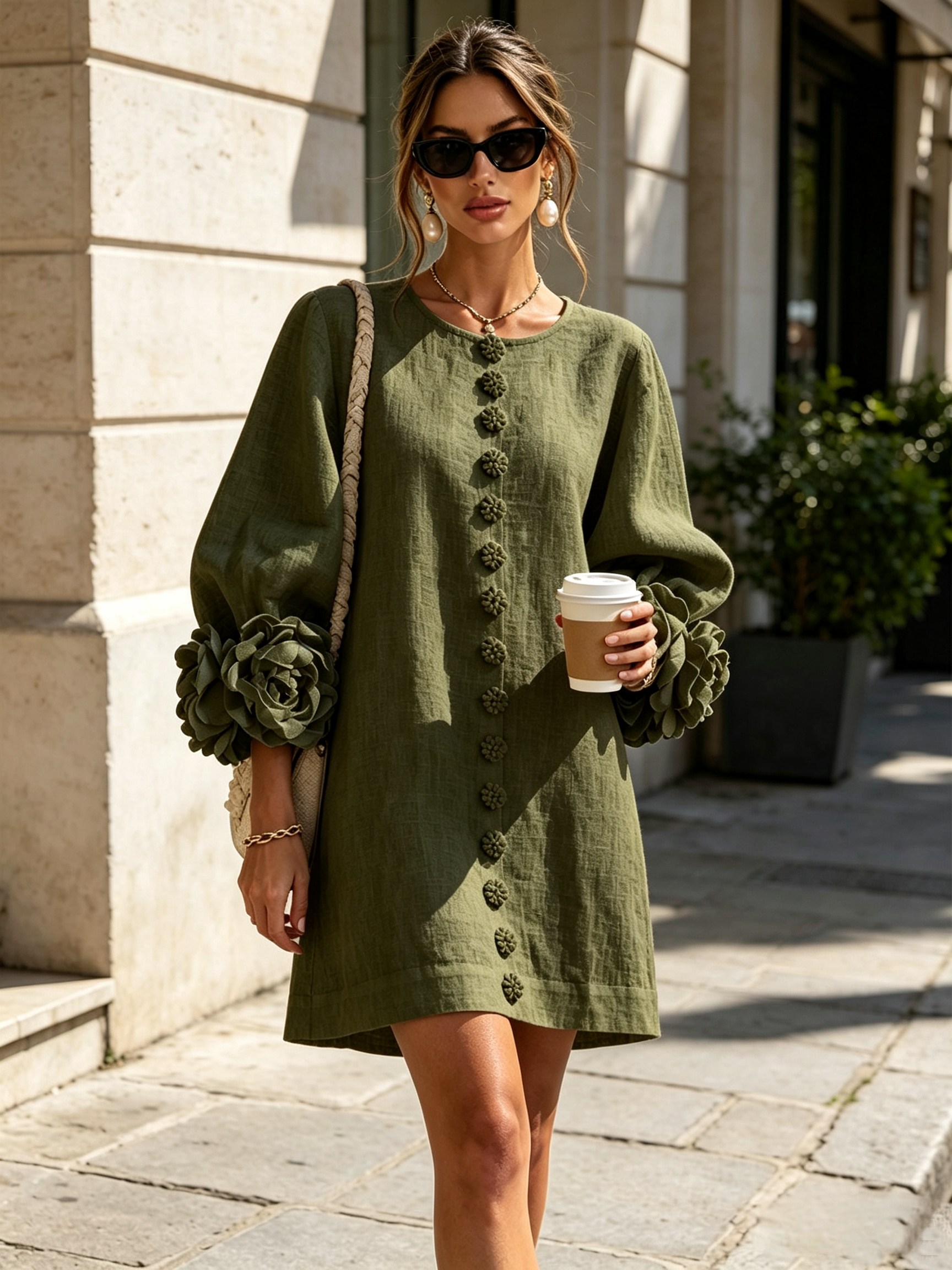Olive Green Floral Shirt Mini Dress with Extravagant Floral Cuffs