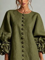 Olive Green Floral Shirt Mini Dress with Extravagant Floral Cuffs