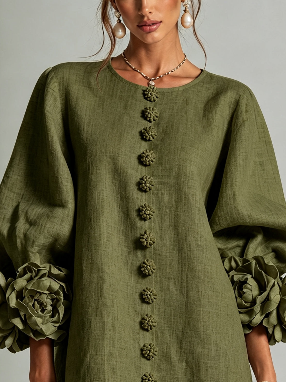 Olive Green Floral Shirt Mini Dress with Extravagant Floral Cuffs