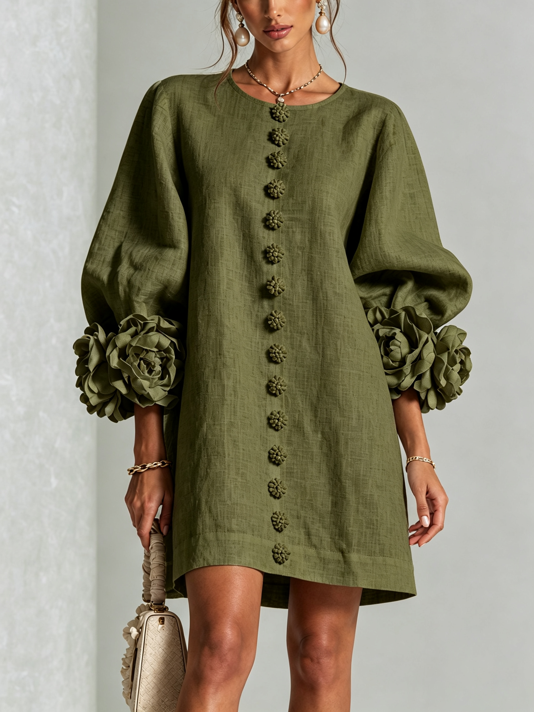 Olive Green Floral Shirt Mini Dress with Extravagant Floral Cuffs